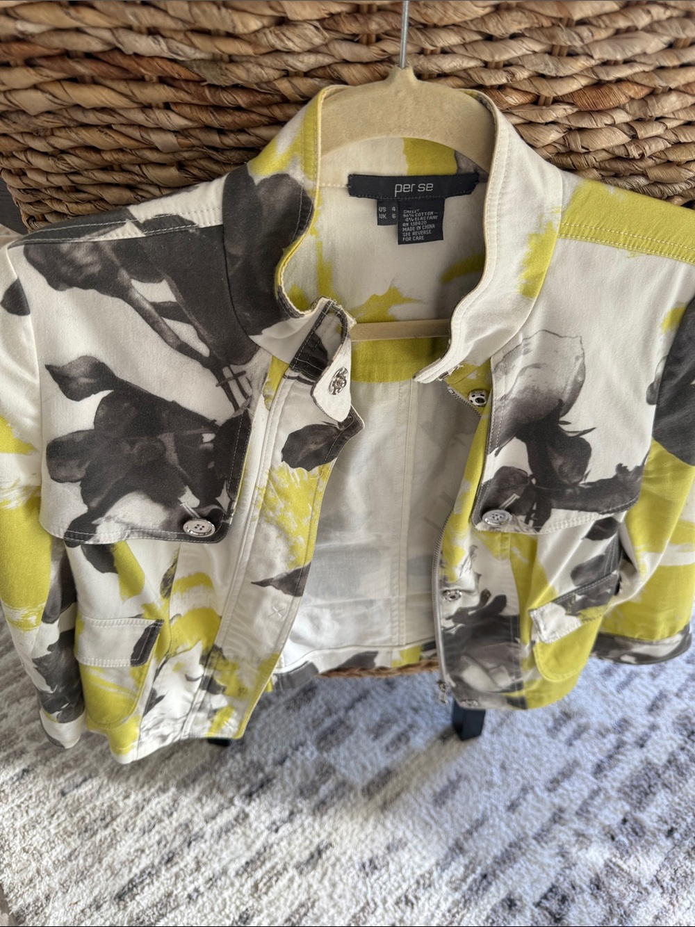 Per Se Floral Crop Utility Jacket in Yellow, Gray & White